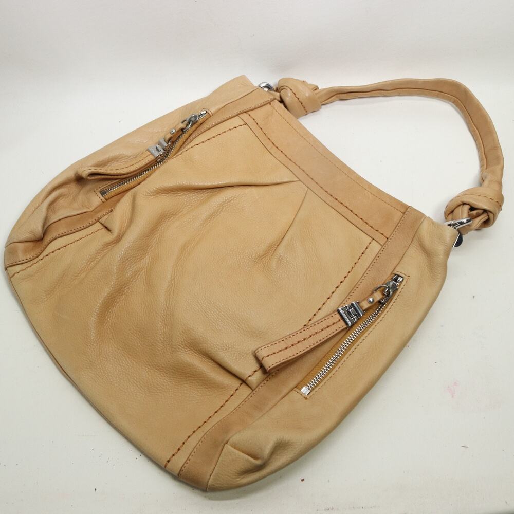 B Makowsky Satchel Handbag Tan Leather Zip Pockets Lined Purse Knot Handle Bag